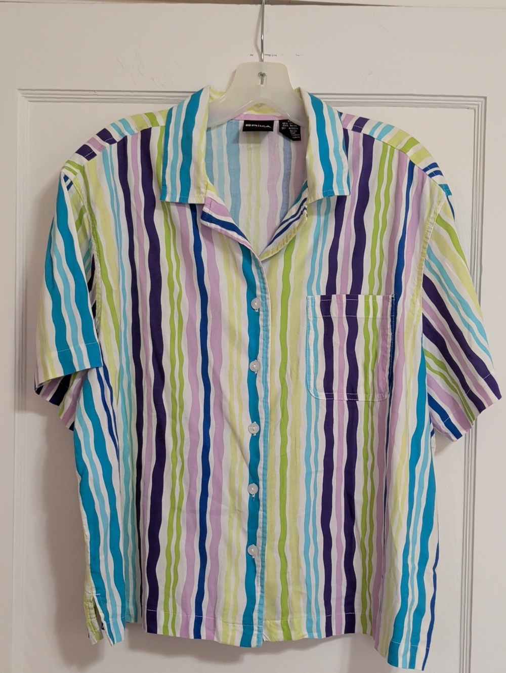 Erika Multicolor Vertical Stripe Short-Sleeve Button-Down Shirt Size XL